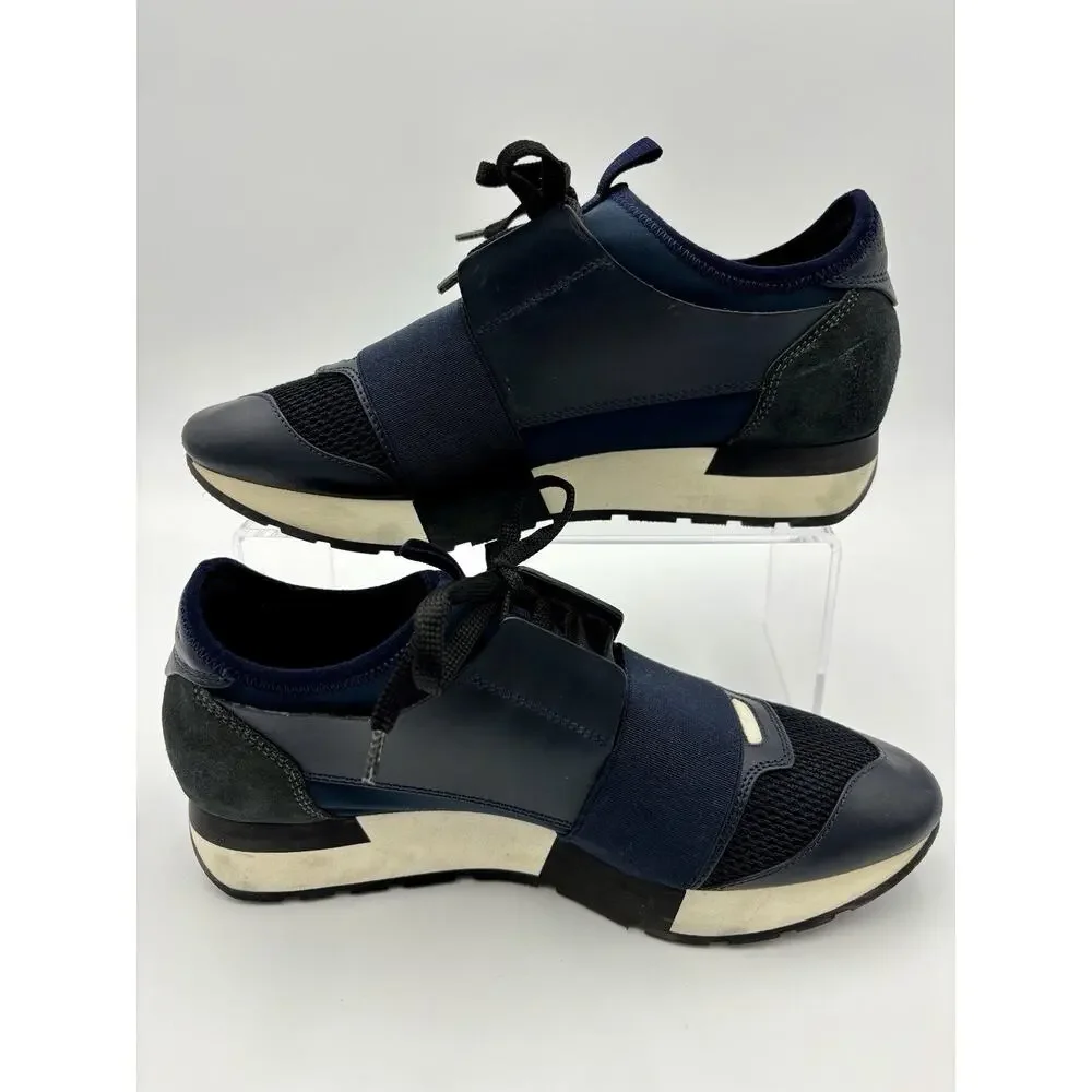 Authentic Balenciaga Race Runner Sneakers Navy Blue Black Elastic Size 8 38